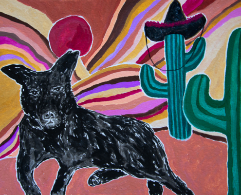 painting of a dog in the desert with cacti - designsoup by alix