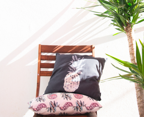 two throw pillows, a chair and a plant - designsoup by alix
