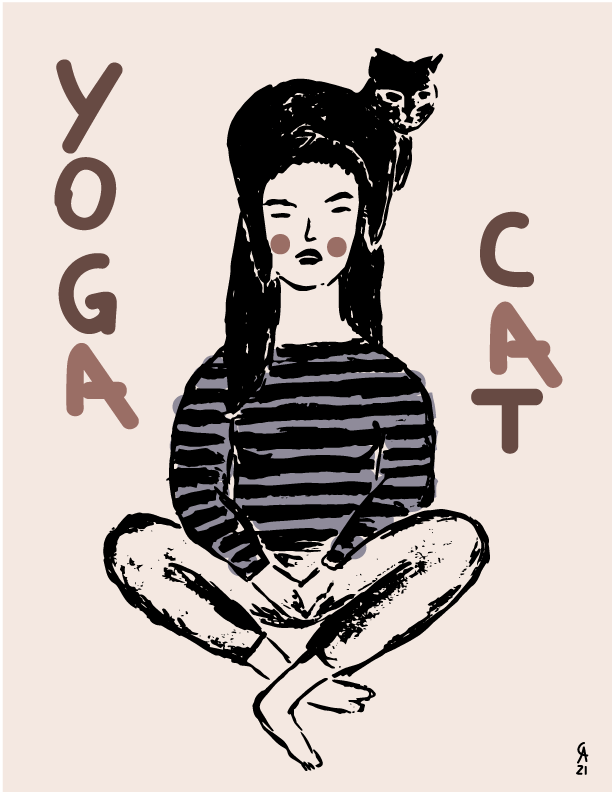 girl mediating with cat on top of her head