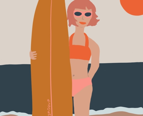 Girl with surfboard on a beach