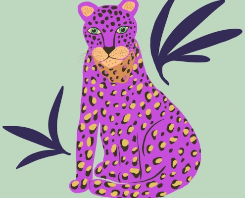 Pink leopard with leaves