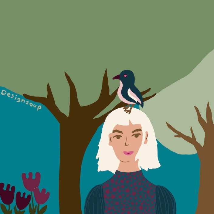 Girl, bird on her head, flowers, trees